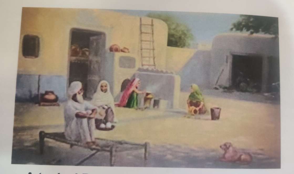 A typical Punjab village- Earlier years. A painting by Jarnail Singh (Swarn collection)